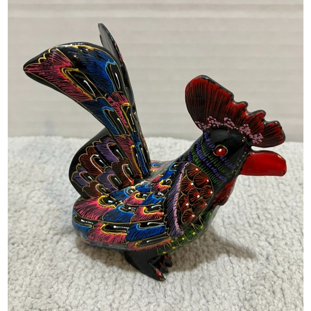 Dala Rooster Swedish Lacquer Wooden Figurine Inscribed Colorful 4 inches